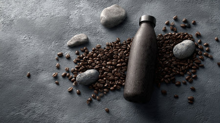 Coffee beans and a bottle of water on a stone backgroundの写真素材