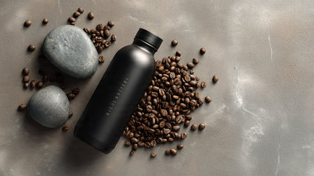 Coffee beans and black bottle on grey background, top viewの写真素材