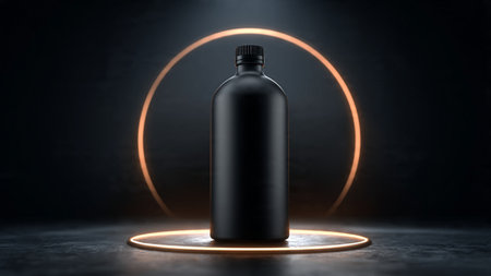 Black cosmetic bottle on dark background with neon light. 3d renderingの写真素材