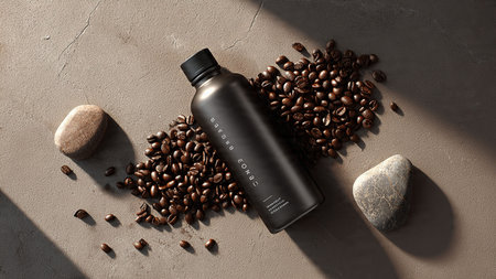 Mockup of a black cosmetic bottle with coffee beans on a concrete backgroundの写真素材