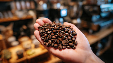 Coffee beans in the hands of a barista. Roasted coffee beans in the hands of a barista.の写真素材