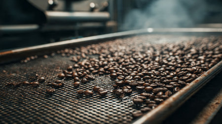 Roasted coffee beans on a conveyor belt in a coffee factoryの写真素材