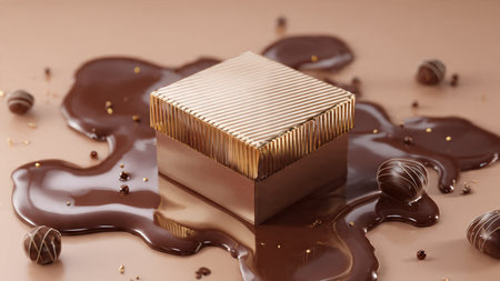 close up of a chocolate bar and chocolate candies on brown backgroundの写真素材