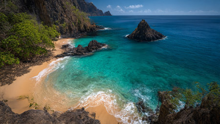 Panorama of beautiful beach with turquoise water and rocks in Bali, Indonesiaの写真素材