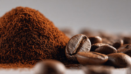 Coffee beans and ground coffee on a light background. Selective focus.の写真素材