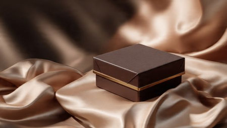 Brown gift box on golden satin background. Luxury present.の写真素材