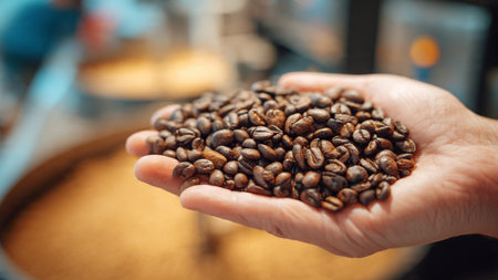 Coffee beans in the hands of a woman. Selective focus.の写真素材
