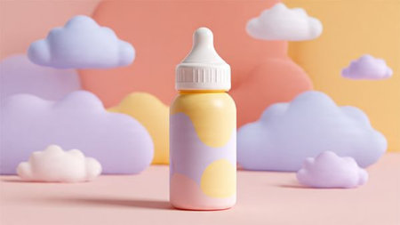 Bottle with cream on a pastel background with clouds.の写真素材