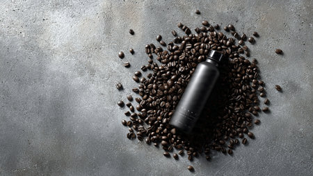 Coffee beans and a bottle of black coffee on grey backgroundの写真素材