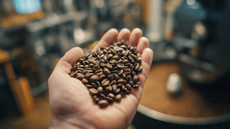 Coffee beans in hand of a barista, close upの写真素材