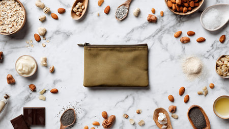 Flat lay composition with nuts on white marble backgroundの写真素材