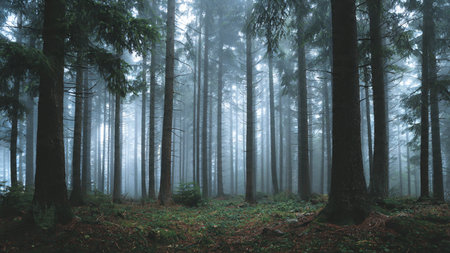 Panoramic view of the evergreen forest in a morning fog.の写真素材
