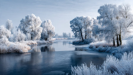 Winter landscape with river and trees in hoarfrost. Panoramic view.の写真素材