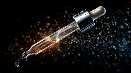 Dropper bottle with serum on a black background with splashes.の写真素材