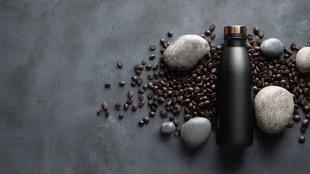 Mockup of black bottle with coffee beans on stone backgroundの写真素材