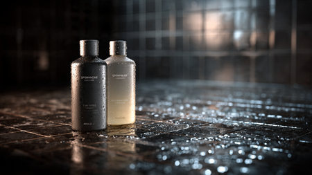 Cosmetic bottles on wet bathroom floor, misty toned foggy background, 3D renderingの写真素材