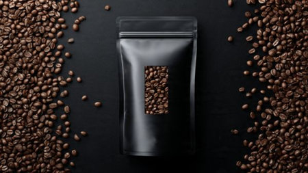 Coffee beans and a pack of coffee beans on a black backgroundの写真素材