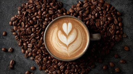 Cup of coffee with latte art and coffee beans on dark backgroundの写真素材