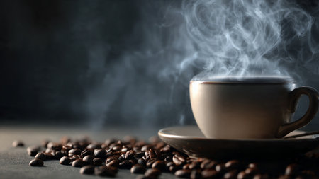 Coffee cup and coffee beans on a dark background with smokeの写真素材