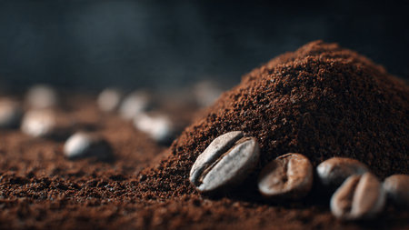 Coffee beans and ground powder on dark background. Selective focus.の写真素材