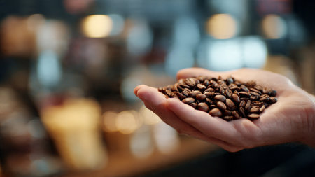 Coffee beans in the hands of a barista on blurred backgroundの写真素材