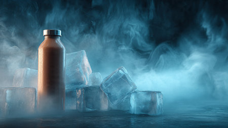 Bottle of cold drink with ice cubes on dark background. 3D renderingの写真素材