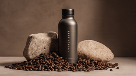 Coffee beans and a bottle of black tonic on a brown backgroundの写真素材