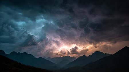 Dramatic sky with stormy clouds over mountains, panoramaの写真素材