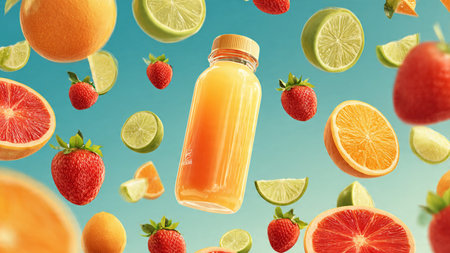 Falling fruits and bottle of orange juice on blue background. 3d renderingの写真素材