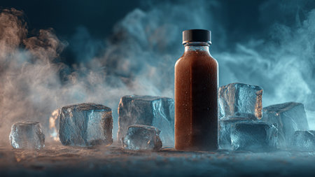 Cold drink in a bottle with ice cubes on a dark background.の写真素材