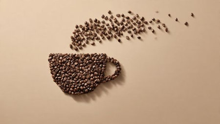 Coffee cup and coffee beans on a beige background.の写真素材
