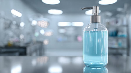 Blue liquid soap dispenser bottle on the table. 3d renderingの写真素材