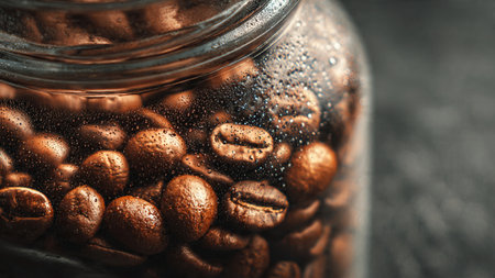 Coffee beans in glass jar on dark background. Close up.