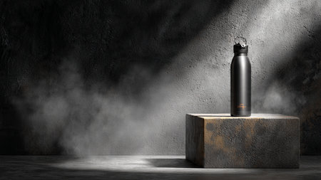 3d rendering of a black spray bottle on a concrete pedestalの写真素材