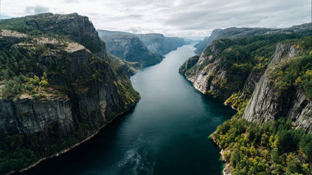 Aerial view of the Aurlandsfjord in Norway.の写真素材