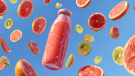 Bottle of fresh juice with flying citrus fruits on blue sky backgroundの写真素材