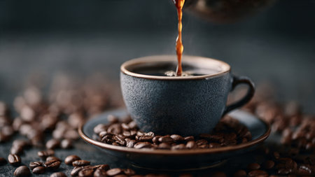 Coffee pouring into a cup and coffee beans on a dark backgroundの写真素材