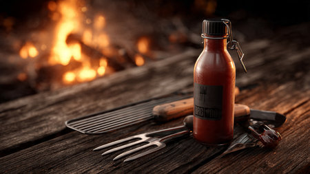 A bottle of ketchup on a wooden table near the fire.の写真素材