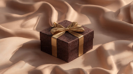 Brown gift box with golden bow on satin background. 3d rendering
