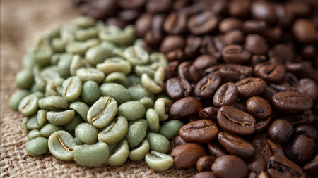 Coffee beans on burlap background, close-up.の写真素材