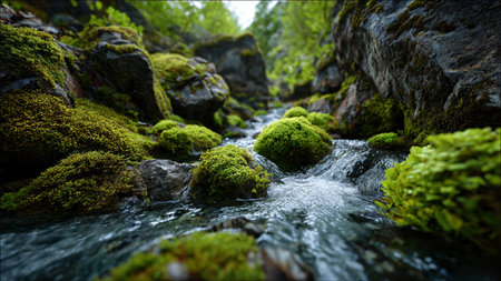 Mossy rocks in the mountain stream. Beautiful nature background.の写真素材