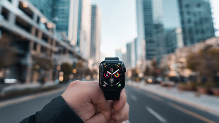 Man using a smart watch on a city street with skyscrapers in the backgroundの写真素材