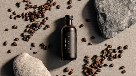 Mockup of bottle with coffee beans on grey background.の写真素材