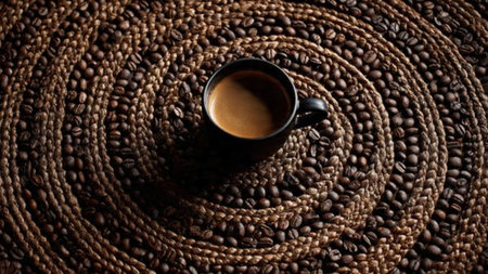 Coffee cup and coffee beans on wooden background. Top view.の写真素材