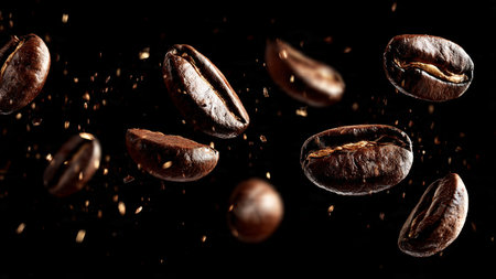 Coffee beans falling on black background, levitation effect.の写真素材