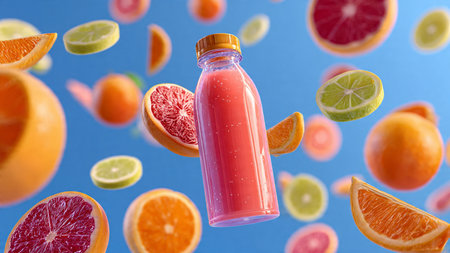 Bottle of fresh orange juice with flying fruits on blue background.の写真素材