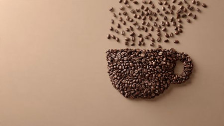 Coffee cup with coffee beans on brown background. Top view.の写真素材
