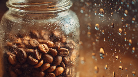 Coffee beans in a glass jar on the background of raindropsの写真素材