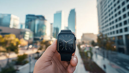 Smart watch in the hand on the background of skyscrapers.の写真素材