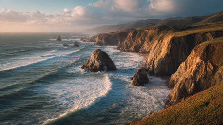 Panoramic view of the Pacific Ocean coastline at sunset, California, USAの写真素材